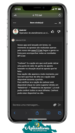 Mockup mostrando o atendimento via chat ao vivo da F12 bet