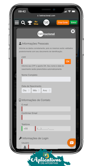 Mockup de um celular mostrando a pagina de cadastro da betnacional