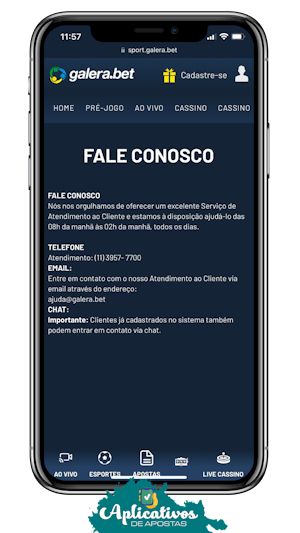 Mockup de um celular mostrando a pagina de contato da Galera bet