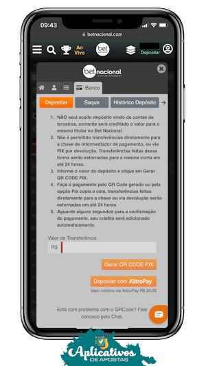 Mockup de um celular mostrando a pagina de deposito da Betnacional