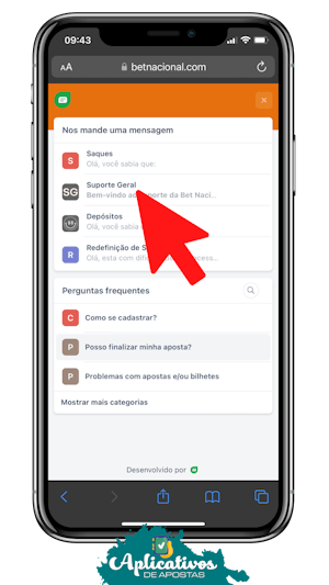 Mockup de um celular mostrando a pagina de suporte da Betnacional